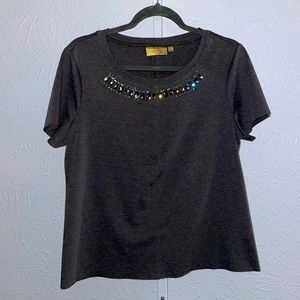 Princess Vera Wang XL Gray Top w Raw hem Gemstone Accented neckline